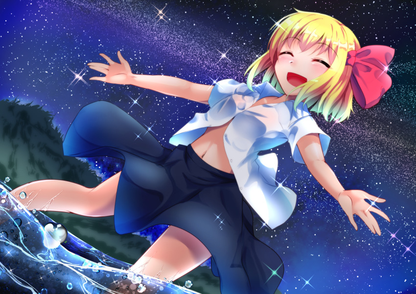 1girl arms_up black_skirt blonde_hair blush closed_eyes commentary_request dutch_angle from_below hair_ribbon highres midriff milky_way navel night night_sky open_clothes open_mouth open_shirt outdoors outstretched_arms ribbon rody_(hayama_yuu) rumia shirt short_hair short_sleeves skirt sky smile solo sparkle spread_arms star_(sky) starry_sky touhou wading white_shirt wind wind_lift