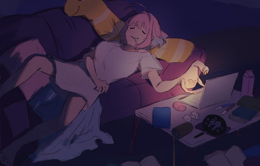 1girl ahoge bare_legs barefoot blue_hair can commentary_request computer_mouse couch drooling hamachamu hand_fan highres idolmaster idolmaster_cinderella_girls indoors kiseijuu lying migi_(kiseijuu) multicolored_hair no_pants notebook on_back paper_fan pink_hair shirt short_hair sleeping solo spill table two-tone_hair white_shirt yellow_eyes yumemi_riamu