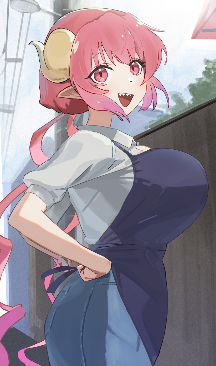 1girl absurdres apron blue_apron breasts commentary denim dragon_horns highres horns huge_breasts ilulu_(maidragon) jeans kobayashi-san_chi_no_maidragon long_hair looking_at_viewer looking_to_the_side outdoors pants pointy_ears red_eyes red_hair sharp_teeth shirt solo teeth utility_pole very_long_hair white_shirt yu_ni_taro