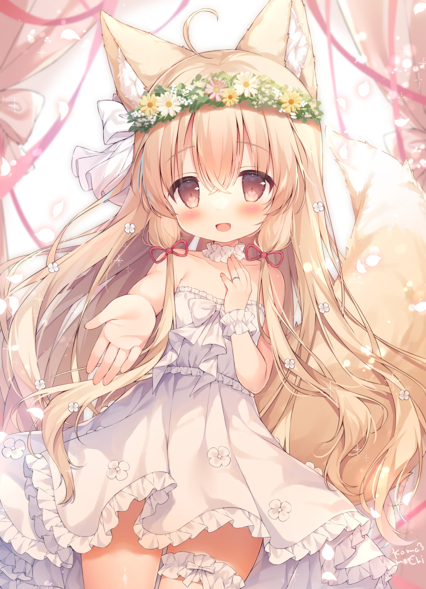 1girl :d ahoge animal_ear_fluff animal_ears bare_arms bare_shoulders blonde_hair blush breasts bridal_garter brown_eyes brown_hair collar collarbone commentary cowboy_shot dress flower fox_ears fox_girl fox_tail frilled_collar frilled_dress frills hand_on_own_chest head_wreath highres jewelry large_tail long_hair looking_at_viewer momozu_komamochi open_mouth original outstretched_arm outstretched_hand reaching reaching_towards_viewer ribbon ring scrunchie signature small_breasts smile solo standing strapless strapless_dress sundress symbol-only_commentary tail very_long_hair wedding_ring white_collar white_dress white_scrunchie wrist_scrunchie