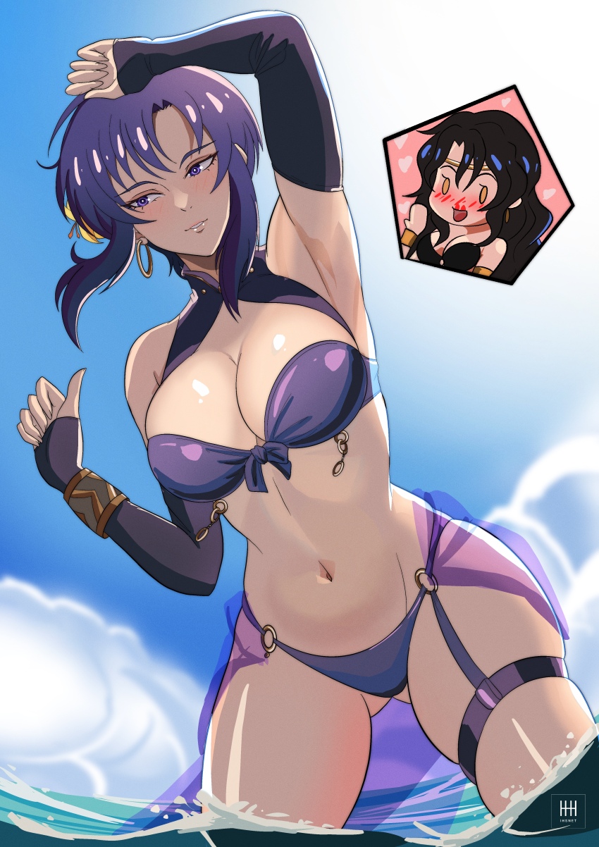 2girls absurdres arm_up armpits bandeau bare_shoulders bikini black_bikini black_hair blood blue_sky breasts chibi cleavage cloud commentary commission day detached_sleeves earrings english_commentary fire_emblem fire_emblem:_the_blazing_blade fire_emblem_heroes gluteal_fold highres hoop_earrings ihsnet jewelry large_breasts long_sleeves multiple_girls navel nintendo nosebleed official_alternate_costume purple_bikini purple_eyes purple_hair short_hair sky sonia_(fire_emblem:_the_blazing_blade) standing stomach swimsuit thigh_strap thighs ursula_(fire_emblem) ursula_(summer)_(fire_emblem) wading water yuri