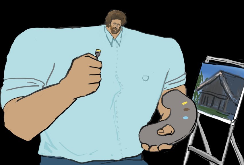 1boy anatomical_nonsense bad_anatomy black_background blouse blue_shirt bob_ross brown_hair canvas_(object) collared_shirt facial_hair highres holding holding_paintbrush holding_palette house male_focus mustache paintbrush painting_(object) palette_(object) parody real_life sattou shirt short_sleeves simple_background smile solo style_parody the_joy_of_painting upper_body what