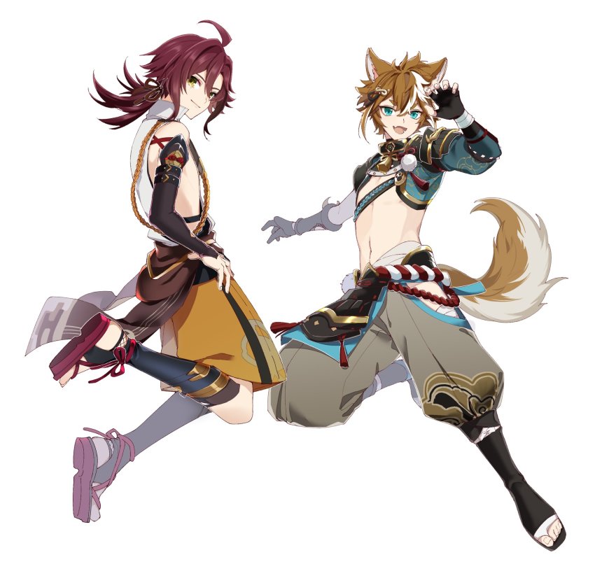 2boys ahoge animal_ear_fluff animal_ears arm_up armor black_choker black_gloves black_hair blue_eyes blush choker closed_mouth commentary_request dog_boy dog_ears dog_tail egasumi facial_mark fang fingerless_gloves fluffy full_body genshin_impact gloves gorou_(genshin_impact) green_eyes hair_between_eyes highres japanese_armor japanese_clothes kote kurokote looking_at_viewer male_focus mmmgnsn multicolored_hair multiple_boys navel open_mouth red_hair shikanoin_heizou simple_background smile stomach streaked_hair tail white_background