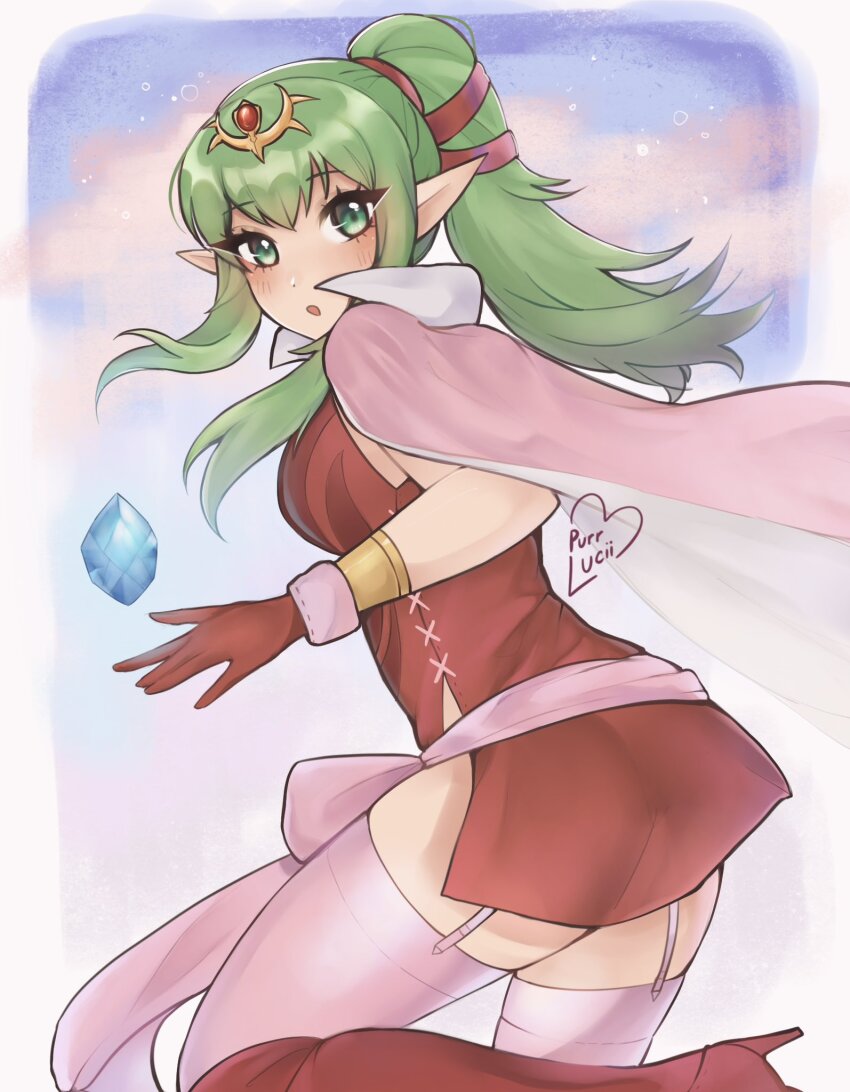 1girl :o cape dragonstone dress fire_emblem fire_emblem_awakening from_behind garter_straps gloves green_eyes green_hair highres looking_at_viewer luci_(purrlucii) nintendo open_mouth pink_cape pointy_ears ponytail red_dress red_gloves short_dress solo thighhighs tiara tiki_(adult)_(fire_emblem) tiki_(fire_emblem)