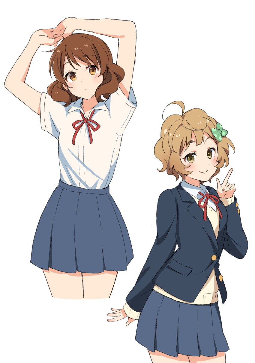 2girls absurdres ahoge arm_at_side arms_up blue_jacket blue_skirt blush bow brown_eyes brown_hair cardigan collared_shirt commentary cowboy_shot cropped_legs dot_nose green_bow hair_bow hand_up hibike!_euphonium highres index_finger_raised jacket kawashima_sapphire legs_together light_brown_hair looking_at_viewer medium_hair miniskirt multiple_girls ogura_(sao_no) oumae_kumiko own_hands_together pleated_skirt polka_dot polka_dot_bow red_ribbon ribbon shirt shirt_tucked_in short_hair short_sleeves simple_background skirt smile standing straight-on symbol-only_commentary three_quarter_view white_background white_shirt white_skirt yellow_cardigan yellow_eyes