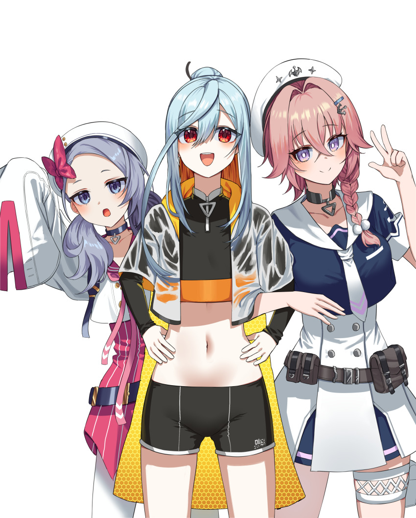 3girls :d absurdres anchor_hair_ornament arm_up belt beret black_choker blue_serafuku bow braid bright_pupils choker collarbone colored_inner_hair commentary commission counter:side credere_crew cropped_jacket cropped_shirt crossed_bangs forehead grey_eyes grey_hair hair_between_eyes hair_bobbles hair_intakes hair_ornament hair_over_shoulder hairclip hand_up hands_on_own_hips hat hat_bow highres honeycomb_(pattern) jacket jinggun jitome locked_arms long_hair long_sleeves looking_at_viewer low_twintails multicolored_hair multiple_girls navel necktie official_alternate_costume open_mouth orange_hair parted_lips pink_hair pink_necktie pink_sailor_collar pinstripe_pattern pinstripe_shirt ponytail pouch purple_eyes raised_eyebrows red_bow red_eyes sailor_collar sailor_hat school_uniform serafuku shirt shirt_overhang short_shorts shorts sigma_(counter:side) simple_background sleeves_past_fingers sleeves_past_wrists smile standing stomach teeth thigh_pouch thigh_strap twintails upper_teeth_only w white_background white_hat white_jacket white_necktie white_pupils white_sailor_collar yuppie_(counter:side)