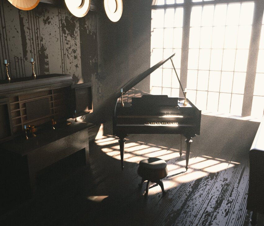 blue_eye_samurai cabinet candle commentary concept_art cup english_commentary film_grain grand_piano highres indoors instrument light_particles netflix no_humans official_art overexposure piano scenery shadow still_life stool sunlight window wooden_floor wooden_wall yun_ling