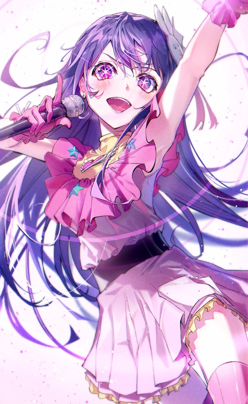 1girl arm_up armpits belt black_belt blush commentary dress earrings eyelashes frills gloves gradient_background hair_between_eyes hair_ornament hair_ribbon hands_up heart highres holding holding_microphone hoshino_ai idol index_finger_raised jewelry long_hair looking_at_viewer microphone multicolored_eyes music open_mouth oshi_no_ko pink_background pink_dress pink_eyes pink_gloves pink_ribbon pink_thighhighs purple_eyes purple_hair rabbit_hair_ornament ribbon satsuki_(satsuki_art) simple_background singing sleeveless sleeveless_dress smile solo sparkle standing star-shaped_pupils star_(symbol) star_print symbol-shaped_pupils teeth thighhighs tongue turtleneck turtleneck_dress v-shaped_eyebrows white_background