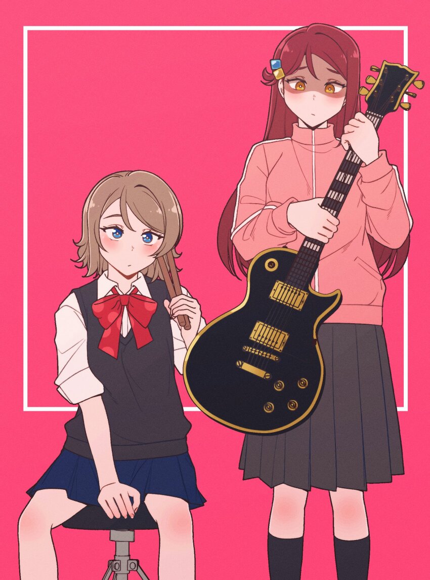 2girls absurdres bad_id bad_twitter_id between_legs black_skirt black_socks black_sweater_vest blue_eyes blue_skirt blush bocchi_the_rock! bow bowtie bright_pupils brown_hair closed_mouth collared_shirt cosplay cube_hair_ornament drumsticks electric_guitar feet_out_of_frame furrowed_brow gibson_les_paul gotoh_hitori gotoh_hitori_(cosplay) guitar hair_ornament hand_between_legs highres holding holding_drumsticks holding_guitar holding_instrument ijichi_nijika ijichi_nijika_(cosplay) instrument jacket long_hair love_live! love_live!_sunshine!! multiple_girls nervous on_stool orange_eyes pink_jacket pleated_skirt red_bow red_bowtie red_hair rlqns9995 sakurauchi_riko school_uniform shaded_face shimokitazawa_high_school_uniform shirt short_hair shuka_high_school_uniform sitting skirt socks standing stool sweater_vest track_jacket watanabe_you white_pupils white_shirt worried