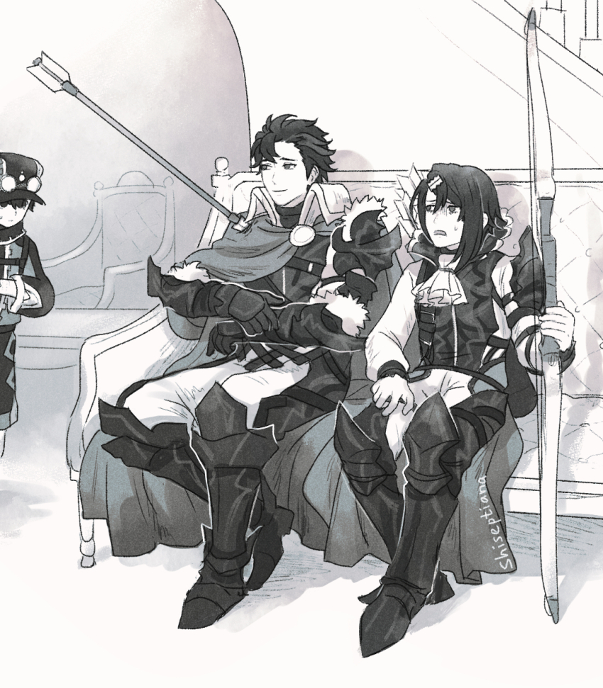 3boys alcryst_(fire_emblem) armor arrow_(projectile) ascot bow_(weapon) brothers closed_mouth diamant_(fire_emblem) father_shot_by_son_(meme) fire_emblem fire_emblem_engage fur_trim greyscale hair_ornament hairclip hat high_collar highres holding holding_bow_(weapon) holding_weapon jean_(fire_emblem) meme monochrome multiple_boys nintendo on_bench shiseptiana short_hair shoulder_armor siblings sitting weapon white_ascot