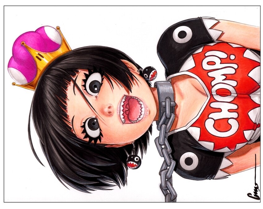 1girl :d adapted_costume artist_name black_eyes black_hair black_shirt bob_cut breasts breasts_squeezed_together chain chain_chomp chain_leash cleavage collar commentary creature_and_personification crown earrings english_commentary excited eyelashes hair_between_eyes jewelry large_breasts leaning_to_the_side leash mario_(series) multicolored_shirt new_super_mario_bros._u_deluxe nintendo nose omar_dogan open_mouth personification pink_lips princess_chain_chomp red_shirt sharp_teeth shirt short_hair short_sleeves sideways signature smile solo super_crown t-shirt teeth tongue uvula v_arms white_shirt wide-eyed