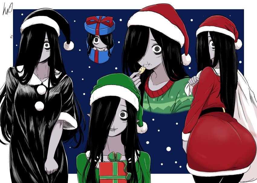 1girl absurdres ass bags_under_eyes black_hair chibi christmas christmas_present christmas_sweater cookie eating food ghost ghost_girl gift hair_over_one_eye hat highres holding holding_sack long_hair lughost sack santa_hat scar snowing the_ring yamamura_sadako