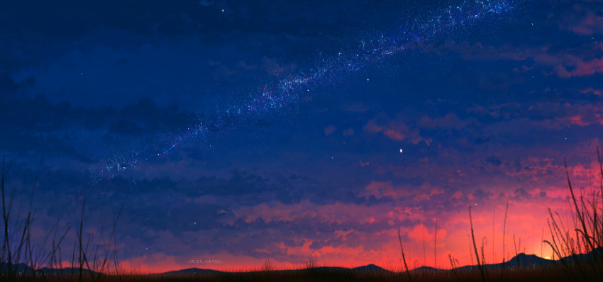 artist_name evening gradient_sky highres iriza_katou no_humans orange_sky original outdoors scenery sky sky_focus star_(sky) starry_sky sun sunset