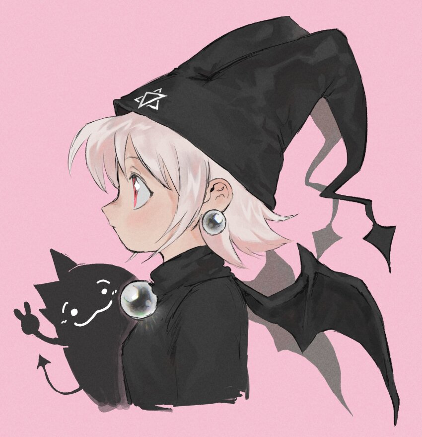 1girl bad_id bad_twitter_id bat_wings black_hat black_sweater closed_mouth cropped_torso demon_tail earrings expressionless from_side hat hexagram highres jester_cap jewelry kuro_unyuu long_sleeves looking_at_viewer mayura pink_background pj_(projet103) profile short_hair simple_background skirt sweater tail ukagaka upper_body v wings