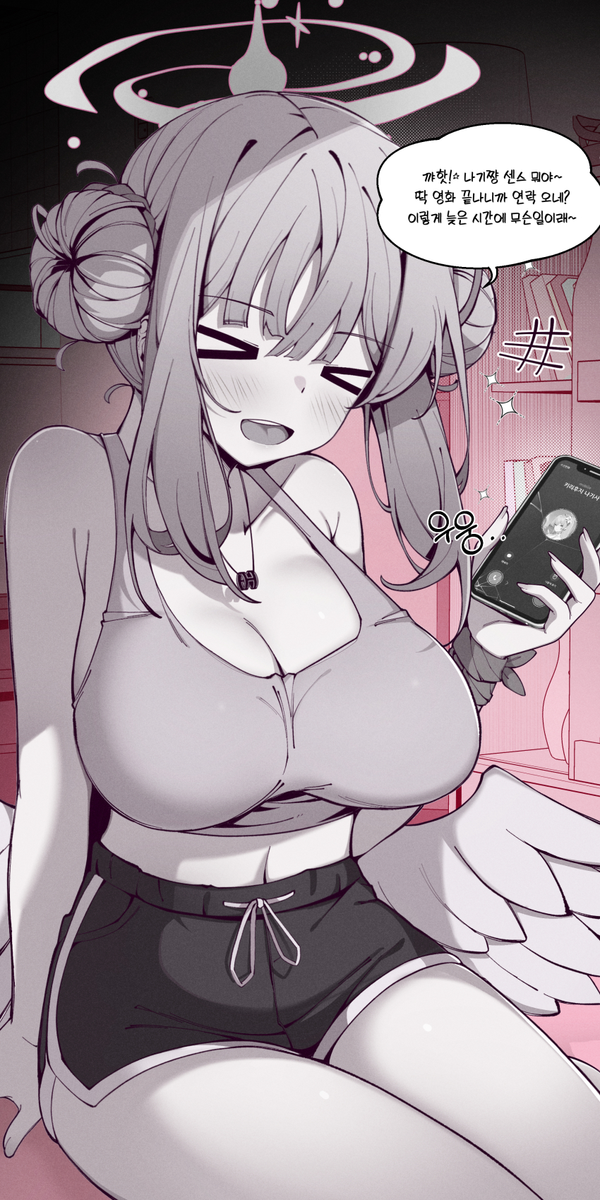 1girl absurdres blue_archive book bookshelf breasts cd cracked_screen double_bun hair_between_eyes hair_bun highres holding holding_phone jewelry kyoto_mogu large_breasts mika_(blue_archive) necklace phone short_shorts shorts sidelocks sitting tank_top