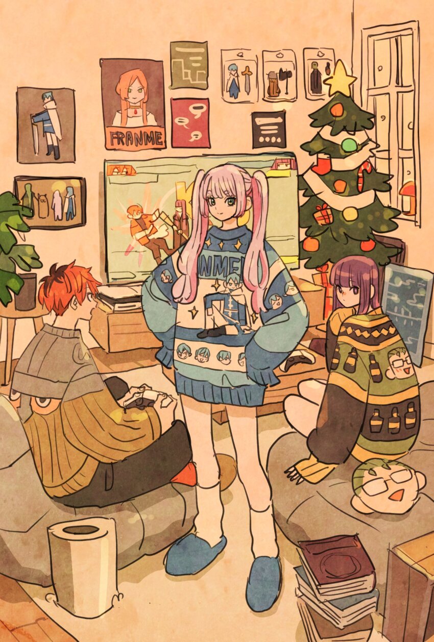 1boy 2girls alternate_costume blue_footwear blue_sweater book box cameo character_print christmas christmas_tree closed_mouth commentary contemporary controller dualsense eisen_(sousou_no_frieren) fern_(sousou_no_frieren) fighting_game flamme_(sousou_no_frieren) frieren full_body game_console gift gift_box green_eyes green_sweater hands_on_own_hips health_bar heiter highres himmel_(sousou_no_frieren) holding holding_controller indoors k.o. long_hair long_sleeves looking_at_viewer multiple_girls plant plant_roots playstation_5 playstation_controller poster_(object) potted_plant purple_eyes purple_hair red_hair rug short_hair sitting sleeves_past_fingers sleeves_past_wrists slippers smile socks sousou_no_frieren standing stark_(sousou_no_frieren) striped_clothes striped_sweater sweater takeuchi_ryousuke television twintails ugly_sweater white_hair white_socks window