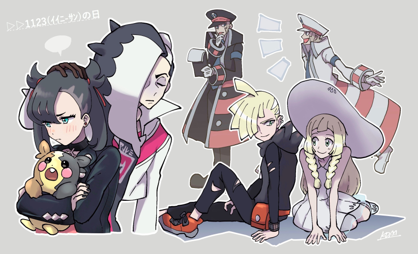 2girls 4boys asymmetrical_bangs black_hair black_jacket black_nails blonde_hair brother_and_sister brothers choker closed_mouth coat commentary_request creatures_(company) cropped_jacket dress emmet_(pokemon) eyelashes eyeshadow game_freak gen_8_pokemon gladion_(pokemon) good_brothers_day green_eyes gym_leader hair_ribbon hat highres holding holding_pokemon ingo_(pokemon) jacket kdm_(torioriorio) lillie_(pokemon) long_hair long_sleeves makeup marnie_(pokemon) morpeko morpeko_(full) multicolored_hair multiple_boys multiple_girls nail_polish nintendo peaked_cap piers_(pokemon) pokemon pokemon_(creature) pokemon_bw pokemon_sm pokemon_swsh ribbon siblings signature sitting smile two-tone_hair white_headwear white_jacket