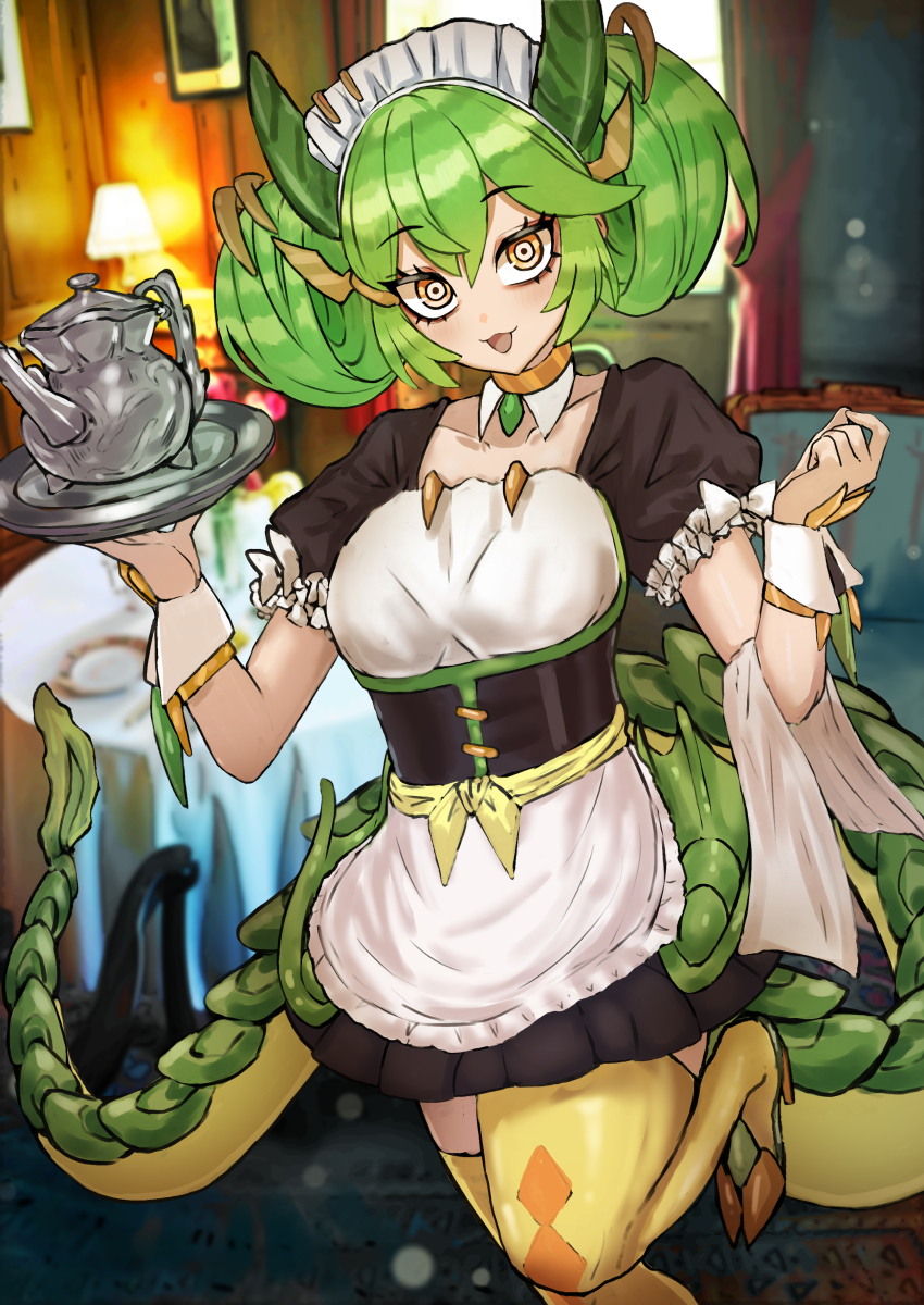 1girl :3 absurdres adeshi_(adeshi0693119) black_dress corset detached_collar dragon_girl dragon_horns dragon_tail dress duel_monster green_hair highres horns kettle looking_at_viewer maid maid_headdress parlor_dragonmaid photo_background ringed_eyes solo standing standing_on_one_leg tail thighhighs yu-gi-oh!