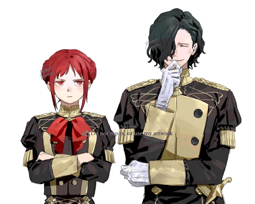 1boy 1girl 91007 black_hair blush double_bun fire_emblem fire_emblem:_three_houses fire_emblem_warriors:_three_hopes garreg_mach_monastery_uniform gloves hair_bun hair_ornament hair_over_one_eye highres hubert_von_vestra long_hair long_sleeves monica_von_ochs nintendo open_mouth red_eyes red_hair short_hair simple_background single_hair_bun smile upper_body