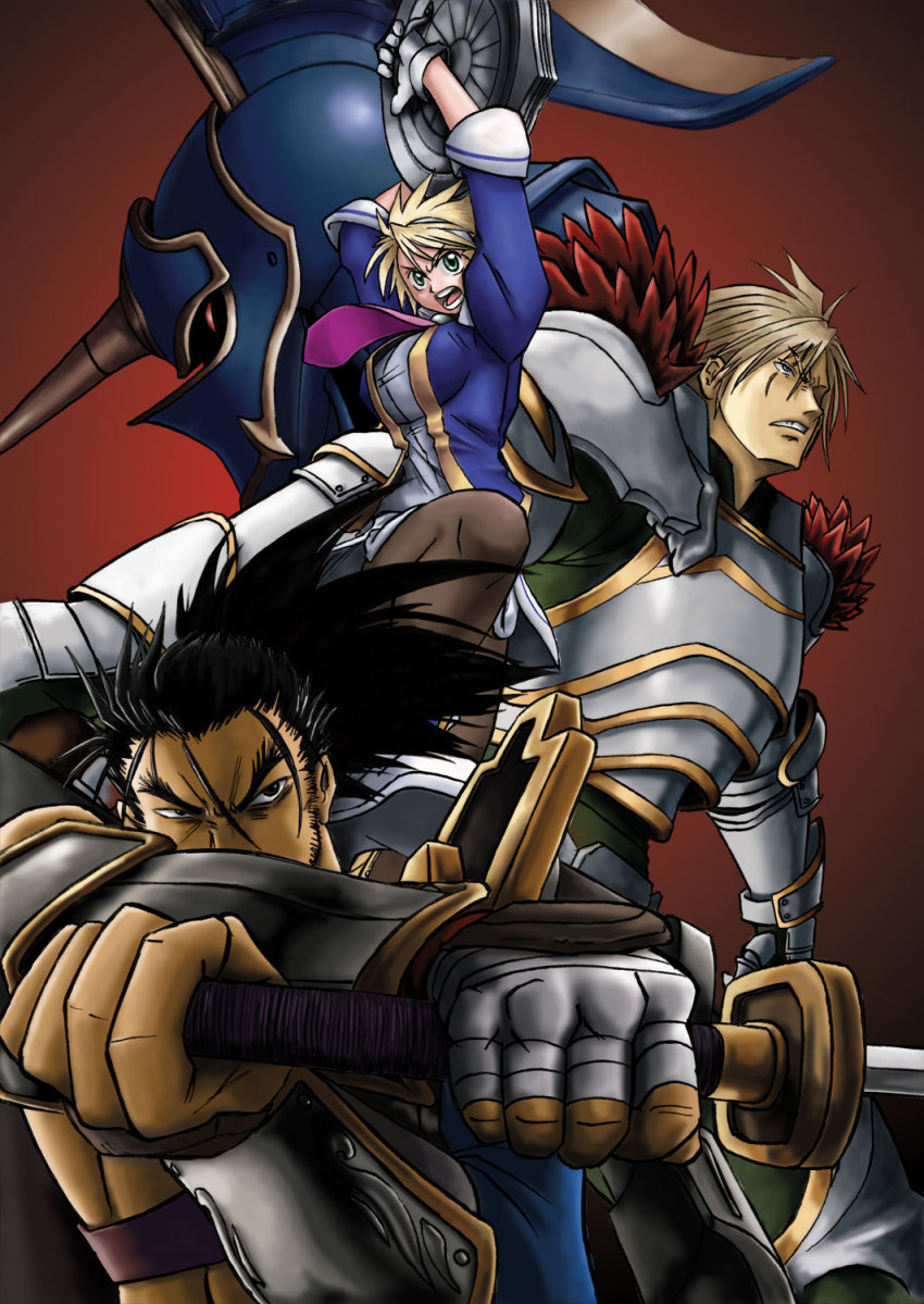 1girl 2boys cassandra_alexandra eyeball highres mitsurugi_heishirou multiple_boys necktie nightmare_(soulcalibur) nigtouab pink_necktie siegfried_schtauffen soul_calibur soulcalibur soulcalibur_iii sword weapon