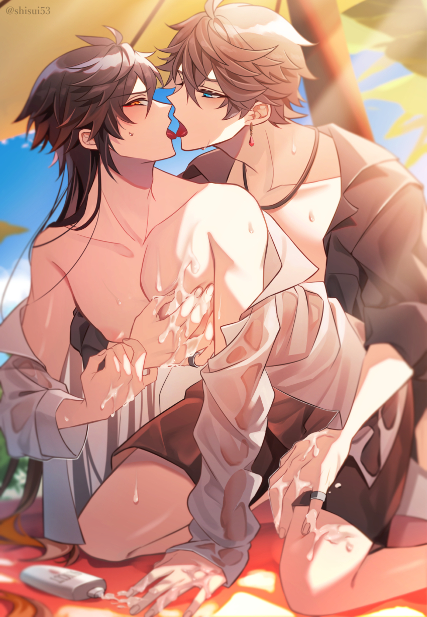 2boys beach blue_sky genshin_impact hand_on_another&#039;s_chest hand_on_another&#039;s_thigh image_sample implied_sex looking_at_viewer lotion multiple_boys pixiv pixiv_sample shisui53 sky suggestive_fluid sunscreen tartaglia_(genshin_impact) tongue tongue_out topless_male yaoi zhongli_(genshin_impact)