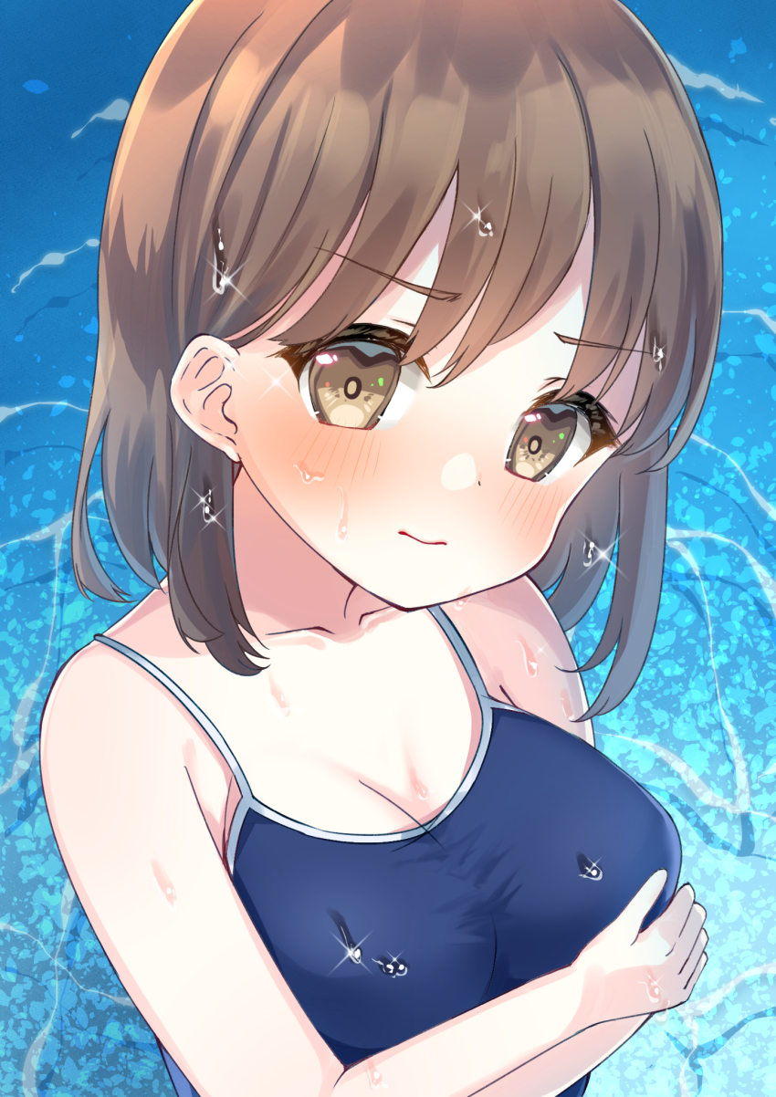 1girl bare_arms bare_shoulders blue_one-piece_swimsuit blush breasts brown_eyes brown_hair cleavage closed_mouth collarbone commentary_request hair_between_eyes highres looking_at_viewer medium_breasts one-piece_swimsuit original school_swimsuit solo suzu_(minagi) swimsuit water wet