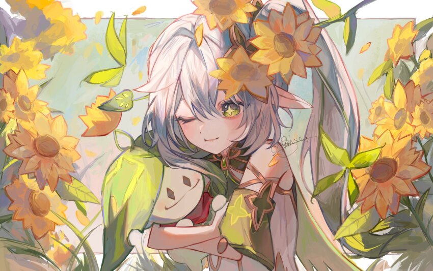 1girl :t aranara_(genshin_impact) bare_shoulders blush commentary detached_sleeves dress flower genshin_impact gold_trim gradient_hair green_eyes green_hair green_sleeves hair_between_eyes hair_flower hair_ornament highres holding leaf_hair_ornament long_hair multicolored_hair nahida_(genshin_impact) one_eye_closed orange_flower pointy_ears side_ponytail signature sleeveless sleeveless_dress solo star-shaped_pupils star_(symbol) symbol-shaped_pupils teeth upper_teeth_only white_dress white_hair yellow_flower yena_s