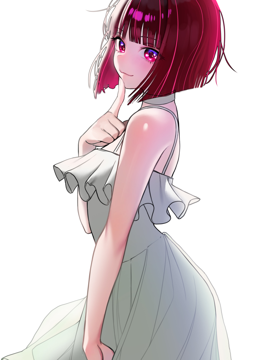 1girl absurdres arima_kana blunt_ends blush bori_illust commentary_request dress finger_to_own_chin frilled_dress frills highres korean_commentary looking_at_viewer oshi_no_ko red_eyes red_hair short_hair simple_background smile solo white_background white_dress