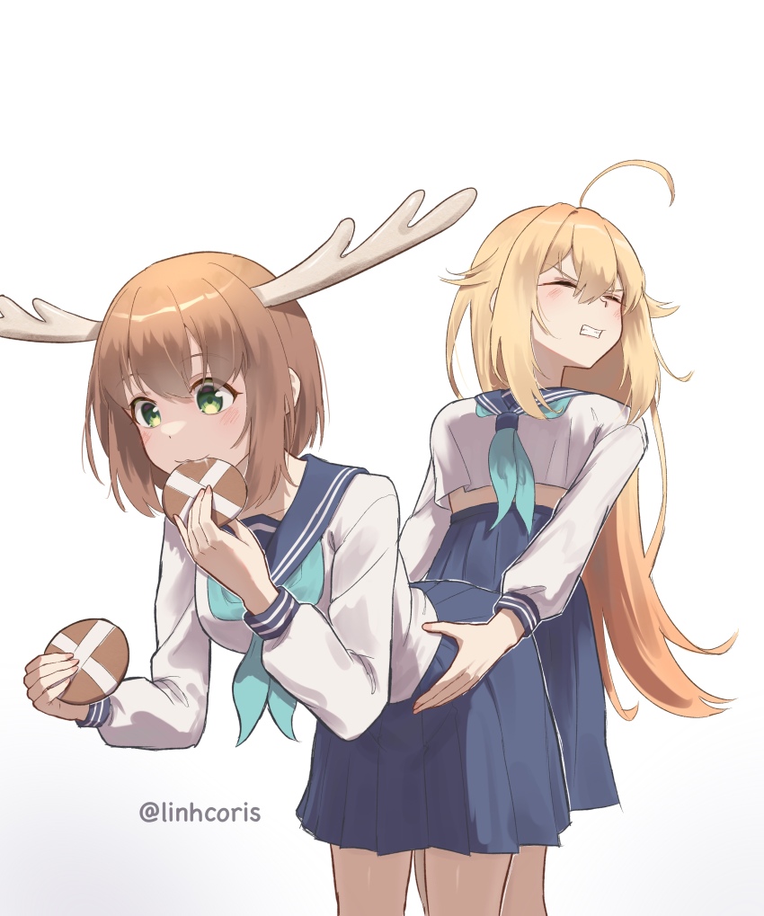 2girls absurdres antlers blonde_hair blue_neckerchief blue_sailor_collar brown_hair closed_eyes closed_mouth deer_antlers deer_cracker deer_girl dry_humping frottage grinding highres holding horns humping koshi_torako linhcoris long_hair long_sleeves multiple_girls neckerchief sailor_collar school_uniform shikanoko_noko shikanoko_nokonoko_koshitantan shirt short_hair skirt white_shirt