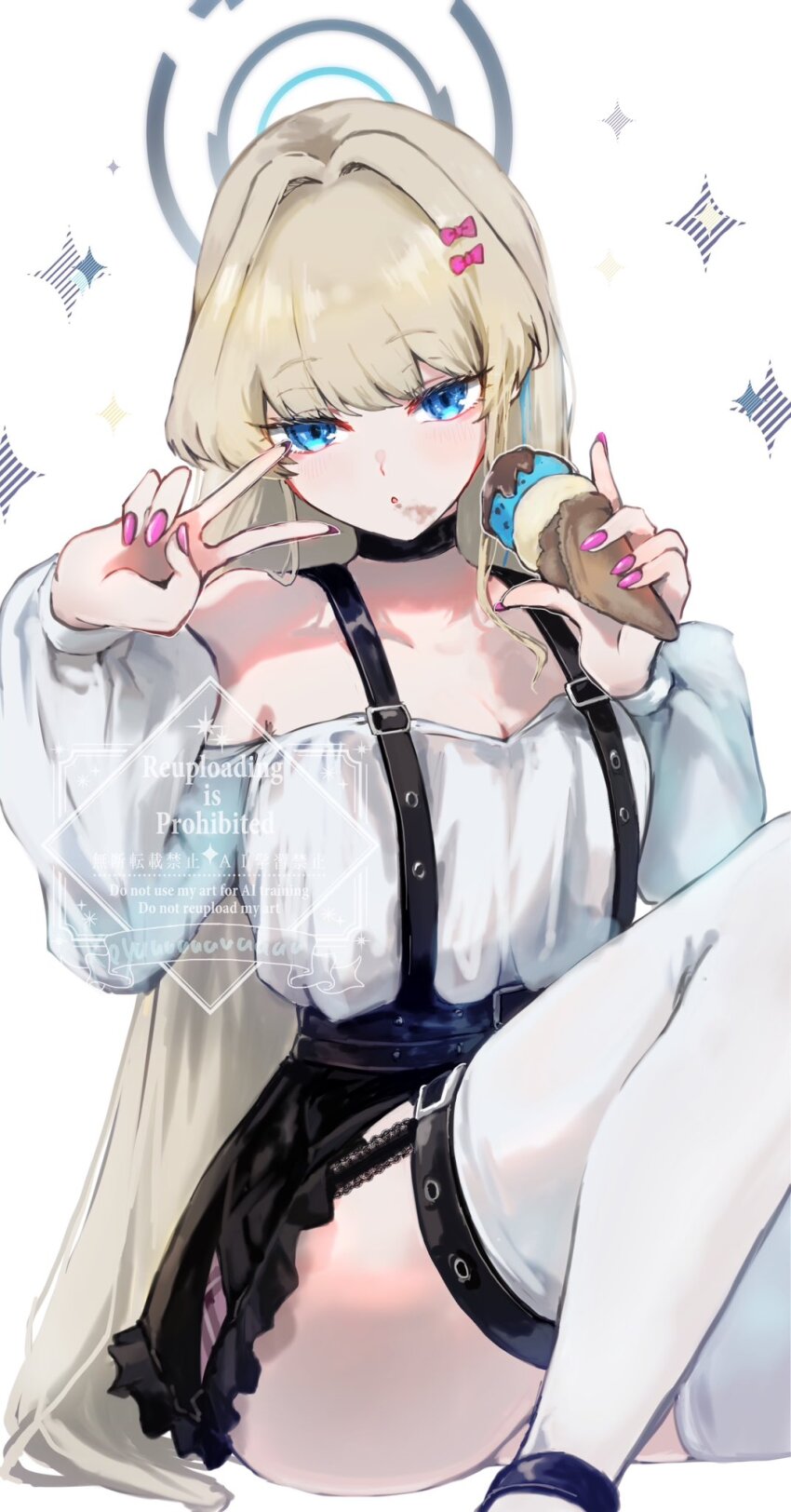 1girl alternate_costume bare_shoulders black_choker black_skirt blonde_hair blue_archive blue_eyes blunt_bangs bow bowtie choker commentary food food_on_face hair_between_eyes hair_bow highres holding holding_food holding_ice_cream ice_cream koyuuuuuuuuuuu long_hair looking_at_viewer miniskirt pink_bow pink_bowtie pink_nails shirt sidelocks skirt thighhighs toki_(blue_archive) v white_shirt white_thighhighs