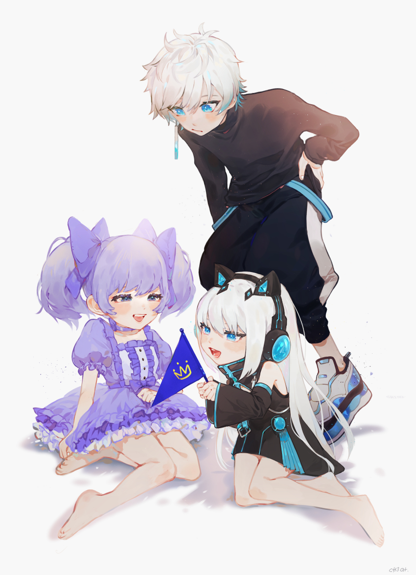 1boy 2girls absurdres aged_down animal_ear_headphones animal_ears aqua_hair barefoot black_dress black_pants black_sweater blue_bow blue_dress blue_eyes blue_hair bow cat_ear_headphones ch3ch dress fake_animal_ears gradient_hair hair_bow half-closed_eyes hand_on_own_hip headphones highres leaning_forward multicolored_hair multiple_girls nijisanji open_mouth original pants reignite restya shoes smile sneakers sweater sweatpants tempplex virtual_youtuber white_footwear white_hair yuuki_chihiro yuuki_chihiro_(1st_costume)