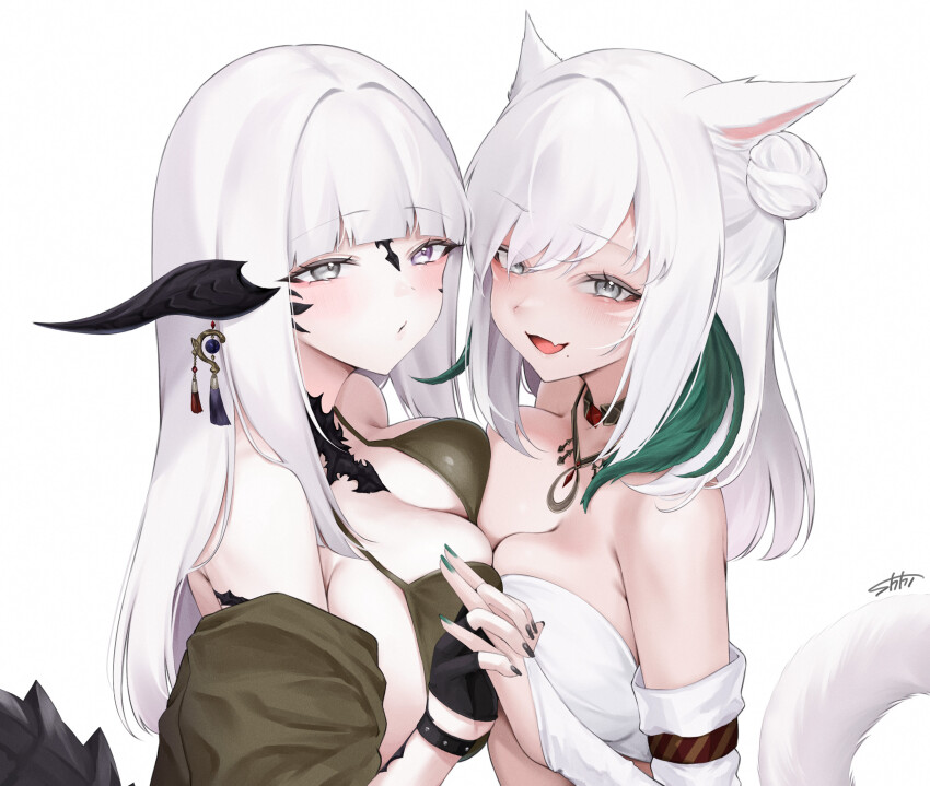 2girls animal_ears asymmetrical_docking au_ra bikini black_gloves black_nails black_scales blush breast_press breasts bridal_gauntlets cat_ears cat_girl cat_tail choker dragon_girl dragon_horns dragon_tail facial_mark fang final_fantasy final_fantasy_xiv fingerless_gloves gloves green_bikini green_nails grey_eyes hair_bun heterochromia highres holding_hands horns jewelry large_breasts long_hair looking_at_viewer miqo&#039;te multiple_girls necklace purple_eyes shhilee signature simple_background skin_fang smile swimsuit tail upper_body warrior_of_light_(ff14) whisker_markings white_background white_hair