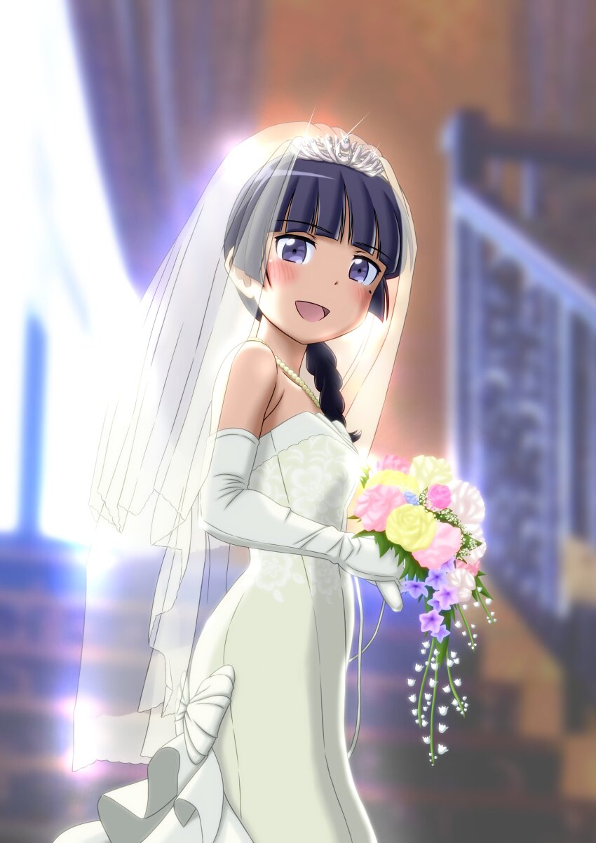 1girl absurdres alternate_hairstyle bare_shoulders bead_necklace beads black_hair blunt_bangs blurry blurry_background bouquet braid breasts bridal_veil commentary_request dress elbow_gloves flower from_side glint gloves gokou_ruri highres holding holding_bouquet jewelry long_dress looking_at_viewer necklace open_mouth ore_no_imouto_ga_konna_ni_kawaii_wake_ga_nai purple_eyes sakaki_youma single_braid small_breasts smile solo stairs tiara veil wedding_dress white_gloves