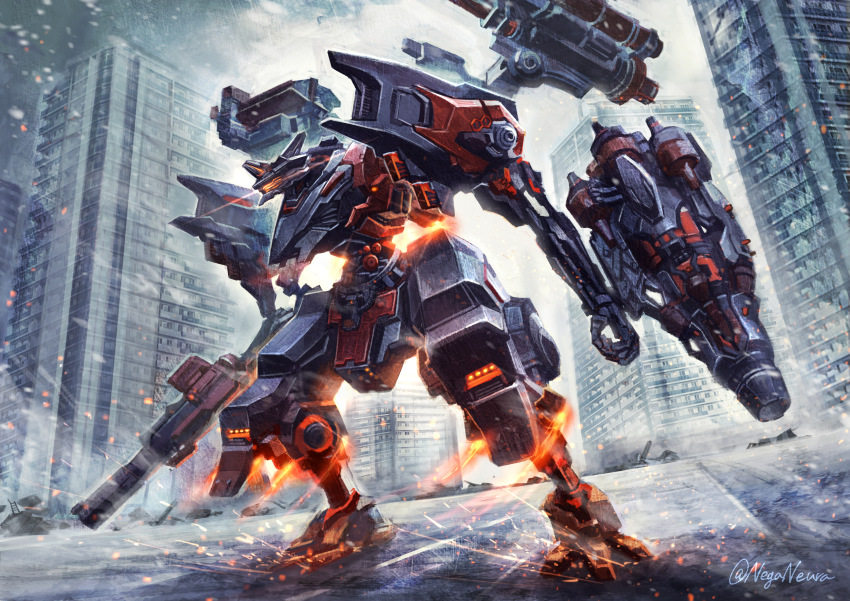 absurdres arm_cannon armored_core armored_core_vi:_fires_of_rubicon cityscape commentary_request glowing highres keselum_(neganeura) mecha no_humans robot signature snow snowing sparks thrusters weapon