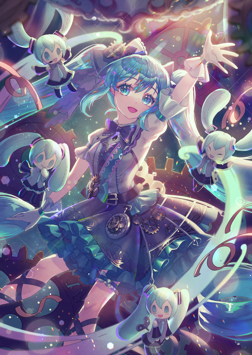 1girl aqua_eyes arm_up black_skirt blurry blurry_background bow character_doll commentary_request feet_out_of_frame frilled_skirt frills gears gloves glowing green_background hair_bow hair_ornament hand_up hatsune_miku highres kozou_kazaru light_particles long_hair looking_to_the_side open_mouth outstretched_arm print_skirt puffy_short_sleeves puffy_sleeves shirt short_sleeves sidelocks skirt smile standing stuffed_animal stuffed_toy twintails vocaloid white_gloves white_shirt