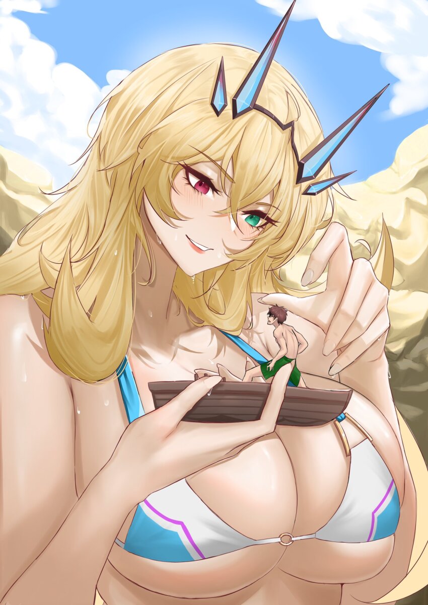 1boy 1girl barghest_(fate) barghest_(swimsuit_archer)_(fate) barghest_(swimsuit_archer)_(final_ascension)_(fate) bikini blonde_hair blue_bikini boat breasts brown_hair cleavage cloud collarbone commission crossed_bangs fate/grand_order fate_(series) giant giantess green_eyes green_male_swimwear hair_between_eyes heterochromia highres holding large_breasts long_hair male_swimwear o-ring o-ring_bikini on_boat pink_eyes puroy sky swimsuit watercraft wet wet_hair