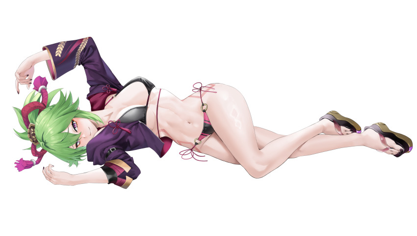 1girl bikini black_bikini black_nails breasts cropped_jacket genshin_impact green_hair hair_between_eyes hair_ribbon highres jacket kuki_shinobu large_breasts legs looking_at_viewer looking_back lying multicolored_bikini nail_polish navel o-ring o-ring_bikini on_side open_clothes open_jacket pink_bikini platform_footwear ponytail purple_eyes purple_jacket ribbon sebakanken simple_background slippers solo stomach string_bikini swimsuit thighs toenail_polish toenails turning_around two-tone_bikini white_background