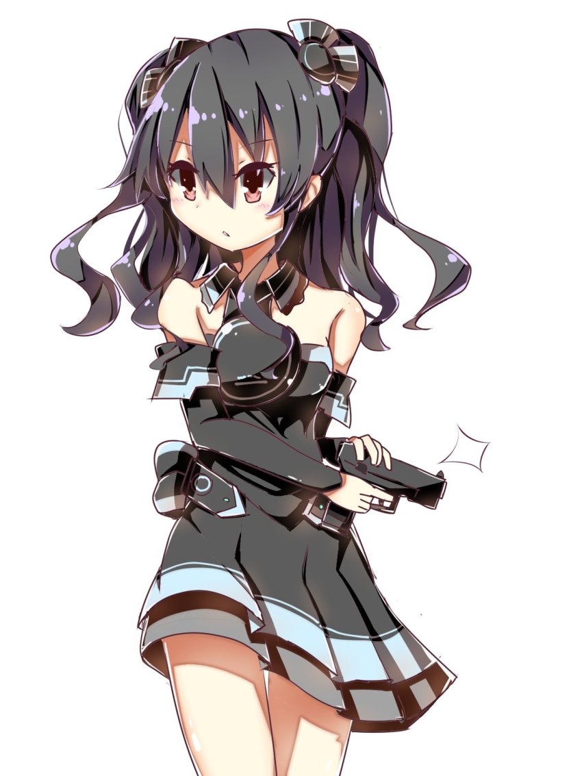 bare_shoulders black_hair breasts collar dress gloves gun highres kuromazin19 long_hair neptune_(series) nervous red_eyes skirt small_breasts thighs tsundere twintails two_side_up uni_(neptunia) weapon