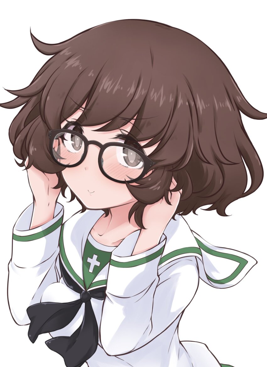 Hazuki Haru Akiyama Yukari Girls Und Panzer Highres 1girl Adjusting Eyewear Black Ribbon 8616