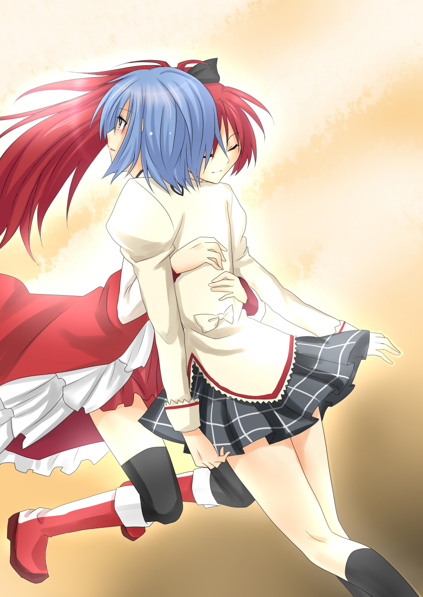 10s 2girls absurdres bad_id bad_pixiv_id black_thighhighs blue_hair boots closed_eyes highres hug long_hair magical_girl mahou_shoujo_madoka_magica mahou_shoujo_madoka_magica_(anime) miki_sayaka multiple_girls red_hair sakura_kyoko sakura_kyoko_(magical_girl) school_uniform short_hair smile thighhighs tomato-ed zettai_ryouiki