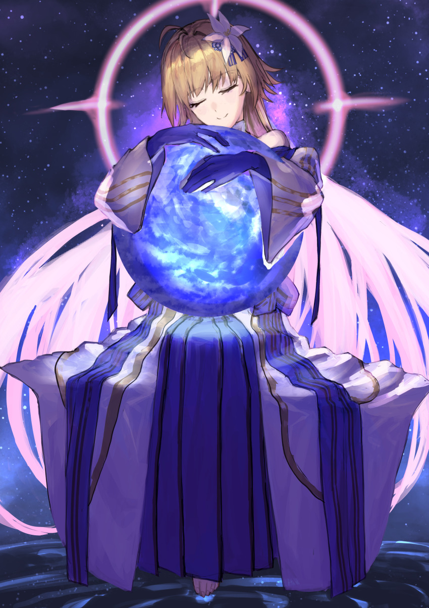 1girl absurdres antenna_hair archetype_earth archetype_earth_(third_ascension) arcueid_brunestud bare_shoulders blonde_hair detached_sleeves dress earth_(planet) fate/grand_order fate_(series) flower gloves halo highres holding janoukyo19 long_hair long_skirt multicolored_skirt pink_halo planet princess_outfit skirt smile solo very_long_hair white_dress