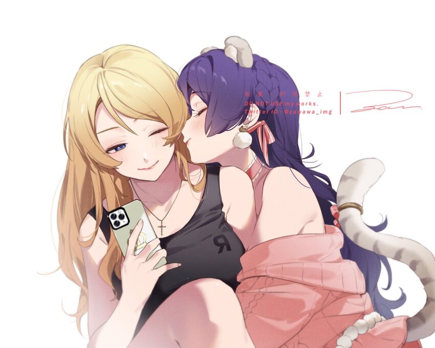 2girls animal_ears ayase_eli blonde_hair blue_eyes cat_ears cat_tail cellphone holding holding_phone love_live! love_live!_school_idol_project multiple_girls phone purple_hair simple_background smartphone smelling tail tojo_nozomi watermark white_background yuri zawawa_(satoukibi1108)