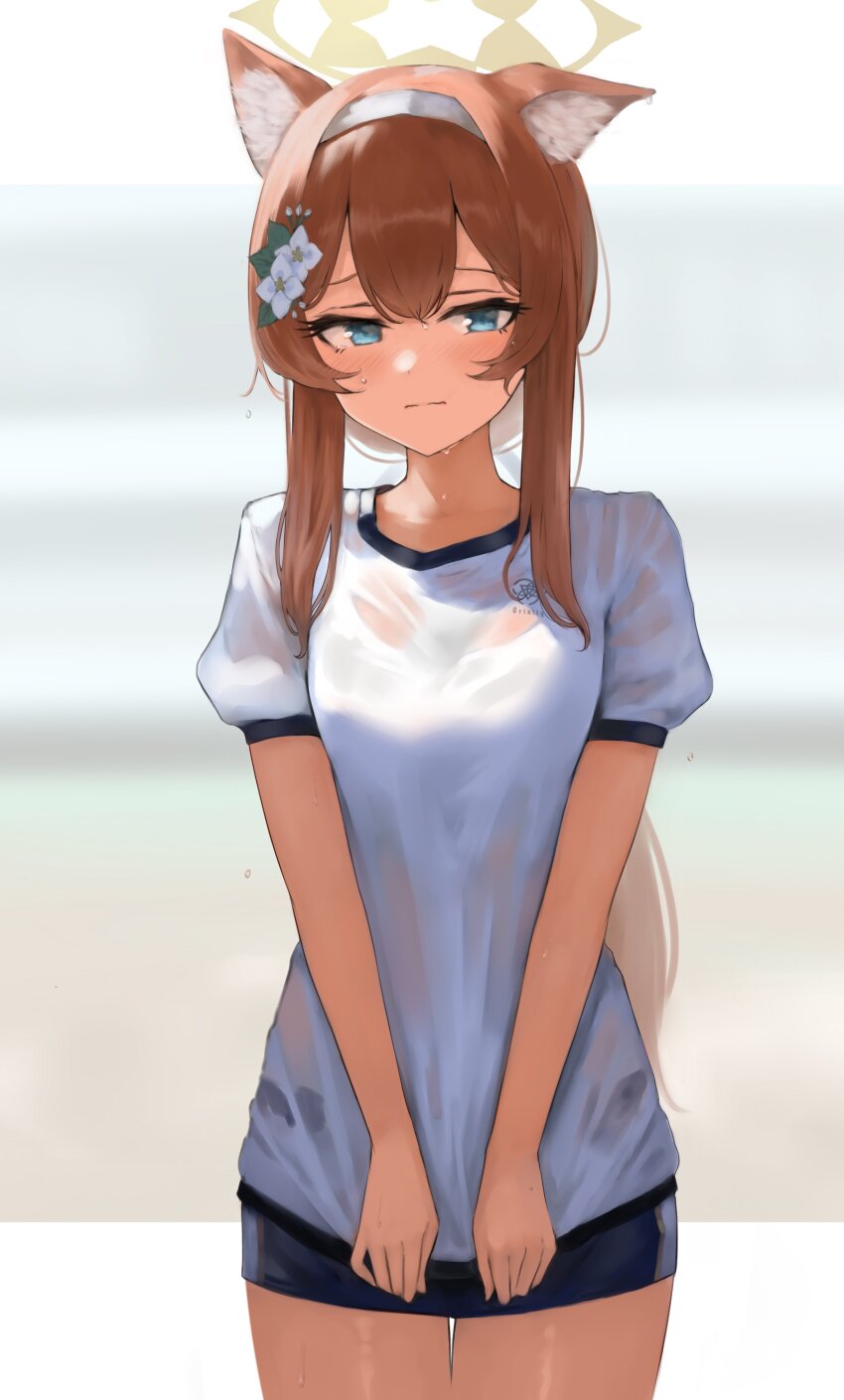 1girl :| absurdres animal_ear_fluff animal_ears blue_archive blue_shorts blurry blurry_background blush cat_ears closed_mouth cowboy_shot flower gym_shirt gym_uniform hair_flower hair_ornament halo headband highres lamp_p9 looking_at_viewer mari_(blue_archive) mari_(track)_(blue_archive) orange_hair shirt shorts solo sweat sweaty_clothes thighs white_headband white_shirt