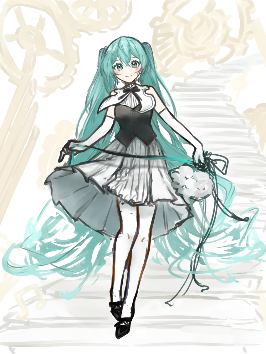 1girl absurdres after0217 aqua_eyes aqua_hair aqua_ribbon black_ribbon blush commentary_request dress elbow_gloves eyelashes full_body gears gloves hair_between_eyes hatsune_miku highres long_hair looking_at_viewer miku_symphony_(vocaloid) ribbon simple_background sketch smile solo standing thighhighs twintails very_long_hair vocaloid white_gloves white_thighhighs