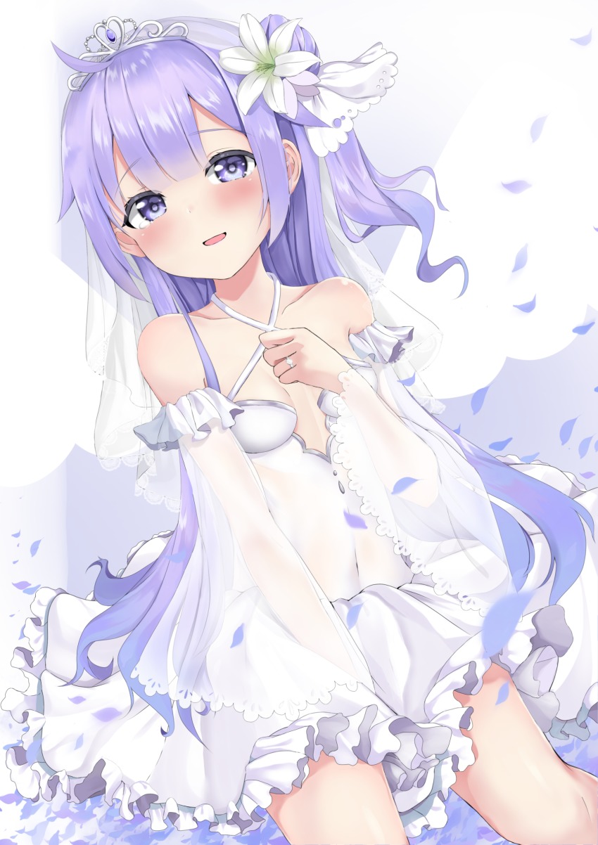 1girl :d azur_lane bare_shoulders blush breasts commentary_request covered_navel criss-cross_halter detached_sleeves dress dutch_angle female_focus frilled_dress frills hair_bun halterneck highres jewelry long_hair long_sleeves looking_at_viewer one_side_up open_mouth petals purple_eyes purple_hair ring see-through_clothes see-through_sleeves senagawa_roro side_bun simple_background single_hair_bun single_side_bun small_breasts smile solo unicorn_(azur_lane) very_long_hair wedding_band white_background white_dress wide_sleeves