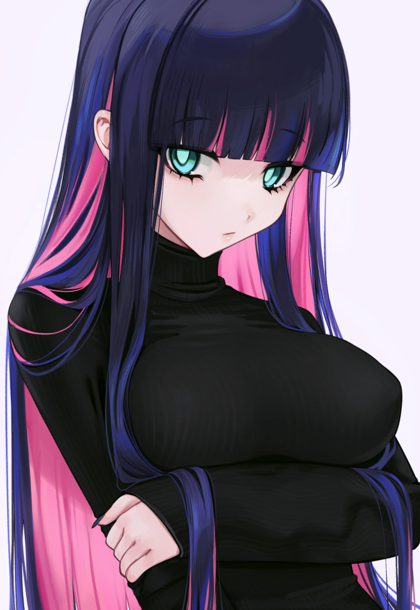 1girl arm_under_breasts black_nails black_sweater blue_eyes blunt_bangs breasts colored_inner_hair covered_erect_nipples fingernails highres large_breasts long_hair multicolored_hair nail_polish ompf panty_&amp;_stocking_with_garterbelt pink_hair purple_hair solo stocking_(psg) sweater turtleneck turtleneck_sweater two-tone_hair upper_body