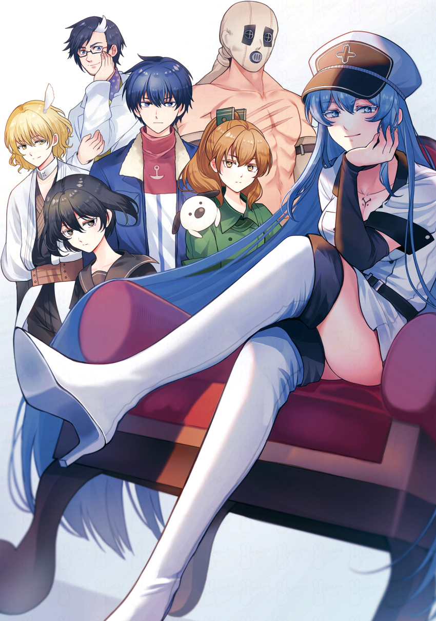 3girls 4boys akame_ga_kill! animal animal_on_shoulder armchair belt black_belt black_hair blonde_hair blue_eyes blue_hair blue_jacket bols boots brown_eyes brown_hair chair closed_mouth collarbone dog dr._stylish esdeath green_shirt hekatonkheires high_heel_boots high_heels highres jacket kurome_(akame_ga_kill!) lab_coat long_hair mask multicolored_hair multiple_boys multiple_girls muscular muscular_male open_clothes open_jacket run_(akame_ga_kill!) scar scar_on_chest seryu_ubiquitous shirt short_hair simple_background sitting smile thigh_boots thighhighs toukaairab two-tone_hair wave_(akame_ga_kill!) white_background white_shirt white_thighhighs