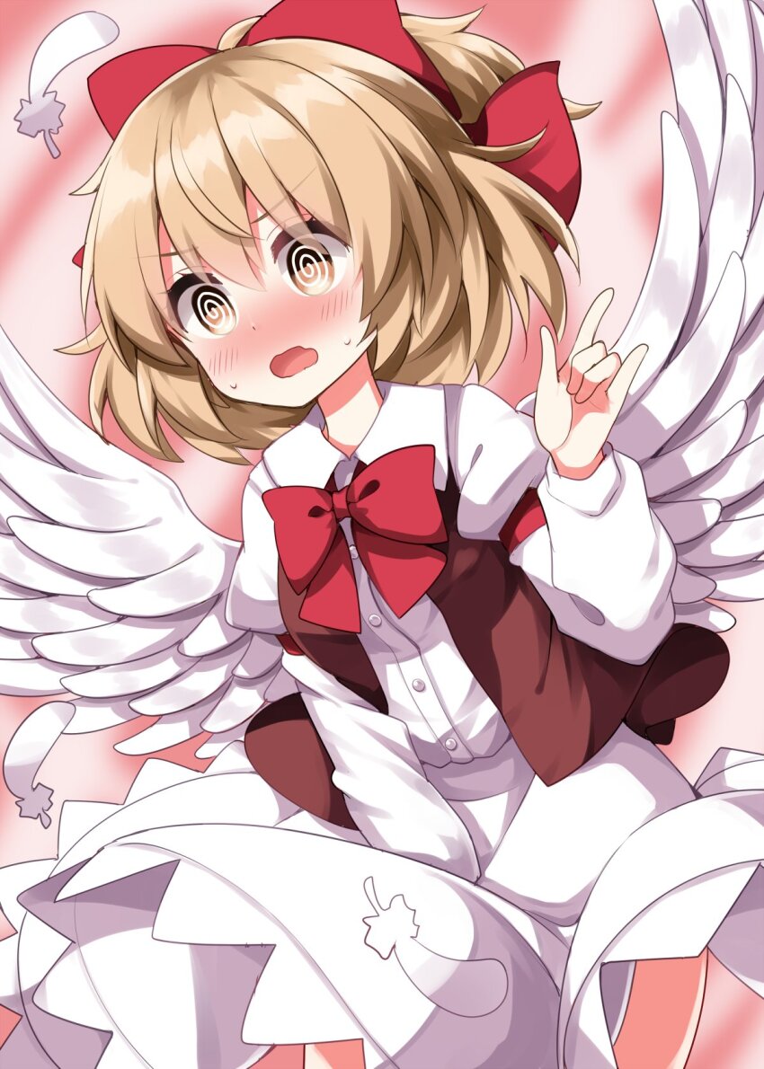 1girl @_@ \m/ blonde_hair blush bow bowtie brown_vest buttons collared_shirt commentary_request cowboy_shot dress_shirt embarrassed eyes_visible_through_hair feathered_wings feathers gengetsu_(touhou) hair_between_eyes hair_bow hand_up highres long_sleeves medium_hair nose_blush open_clothes open_mouth open_vest red_bow red_bowtie ruu_(tksymkw) shirt skirt skirt_tug sleeve_garter solo standing sweatdrop touhou touhou_(pc-98) vest white_shirt white_skirt white_wings wing_collar wings yellow_eyes