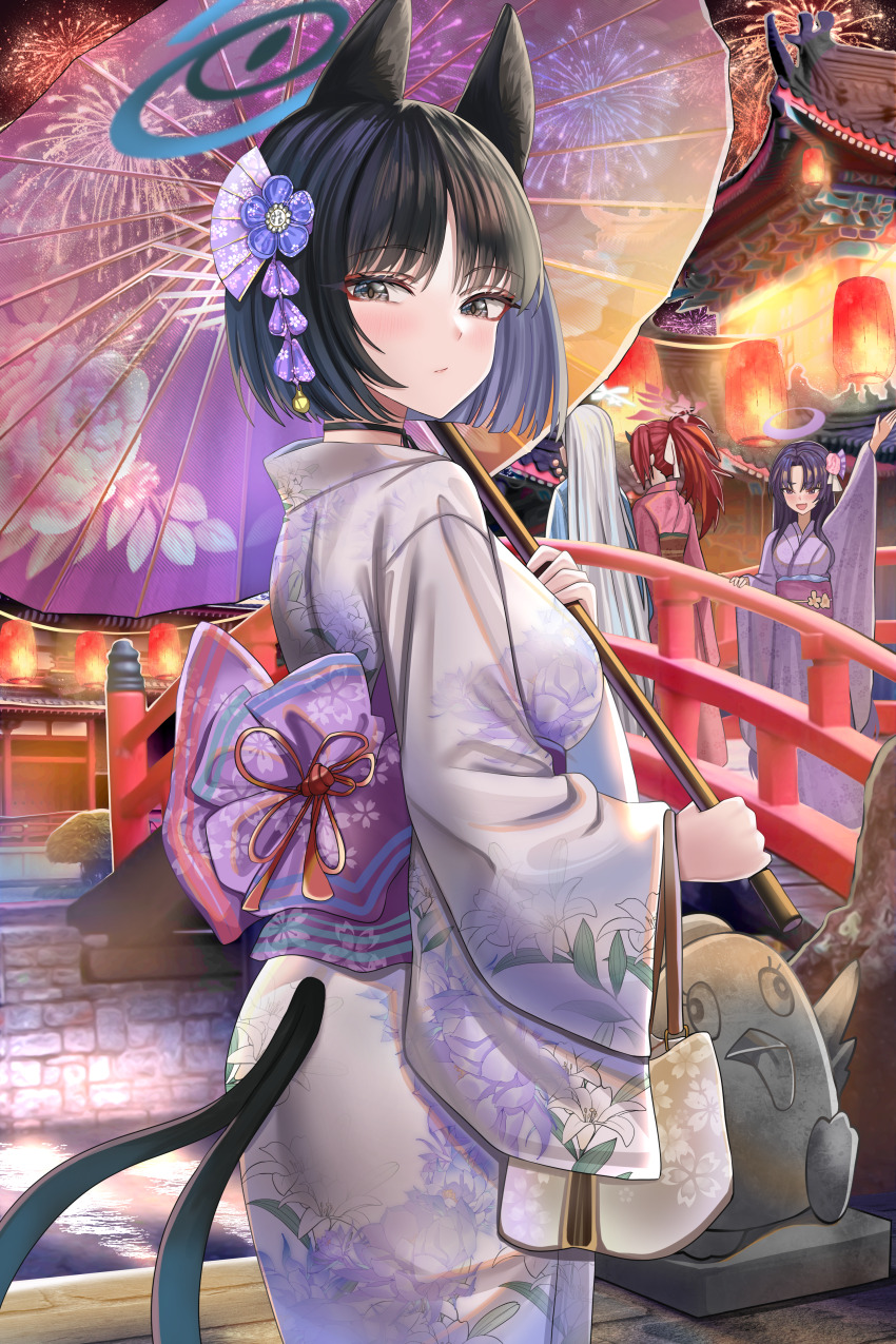 4girls absurdres alternate_costume animal_ears black_eyes black_hair blue_archive blue_halo cat_ears cat_tail floral_print floral_print_kimono hair_ornament halo highres holding holding_umbrella japanese_clothes jinpaitugounan kikyou_(blue_archive) kimono multiple_girls multiple_tails nagusa_(blue_archive) red_eyes renge_(blue_archive) short_hair tail two_tails umbrella yukari_(blue_archive) yukata