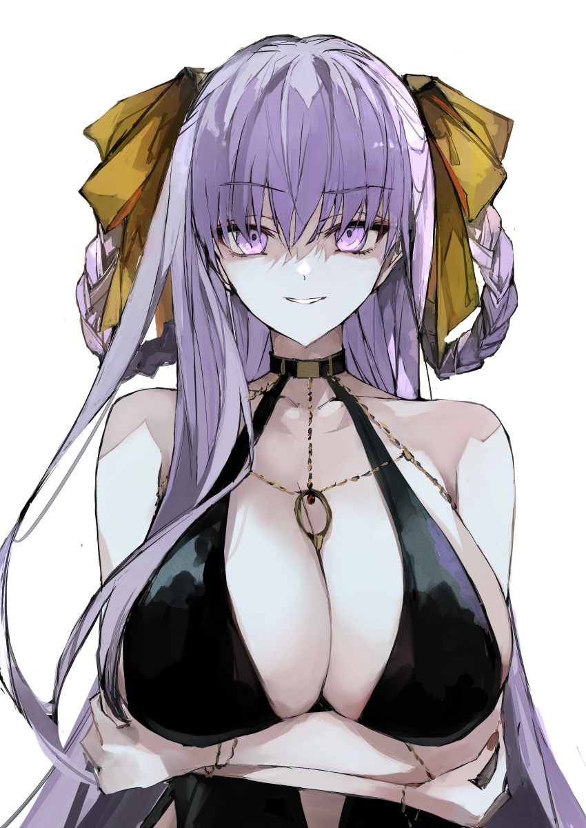 1girl absurdres bare_shoulders bb_(dubai)_(fate) bb_(fate) black_dress braid braided_hair_rings breasts center_opening cleavage crossed_arms dress fate/grand_order fate_(series) grin hair_ribbon hair_rings highres jewelry kino_kokko large_breasts long_hair looking_at_viewer necklace purple_eyes purple_hair ribbon smile solo twin_braids very_long_hair yellow_ribbon